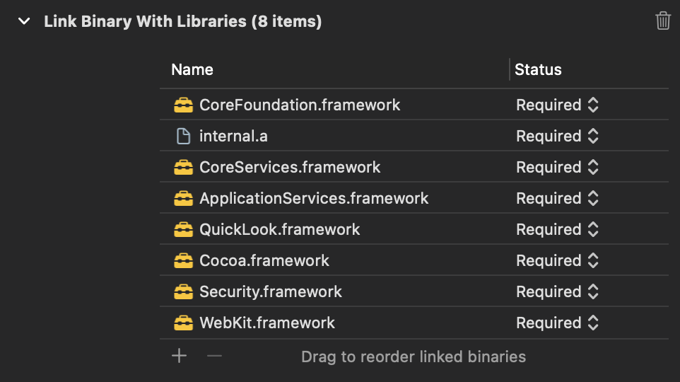 Screenshot of Apple XCode showing a user interface of a list of items, headed by the text "Link Binary With Libraries (8 Items)"