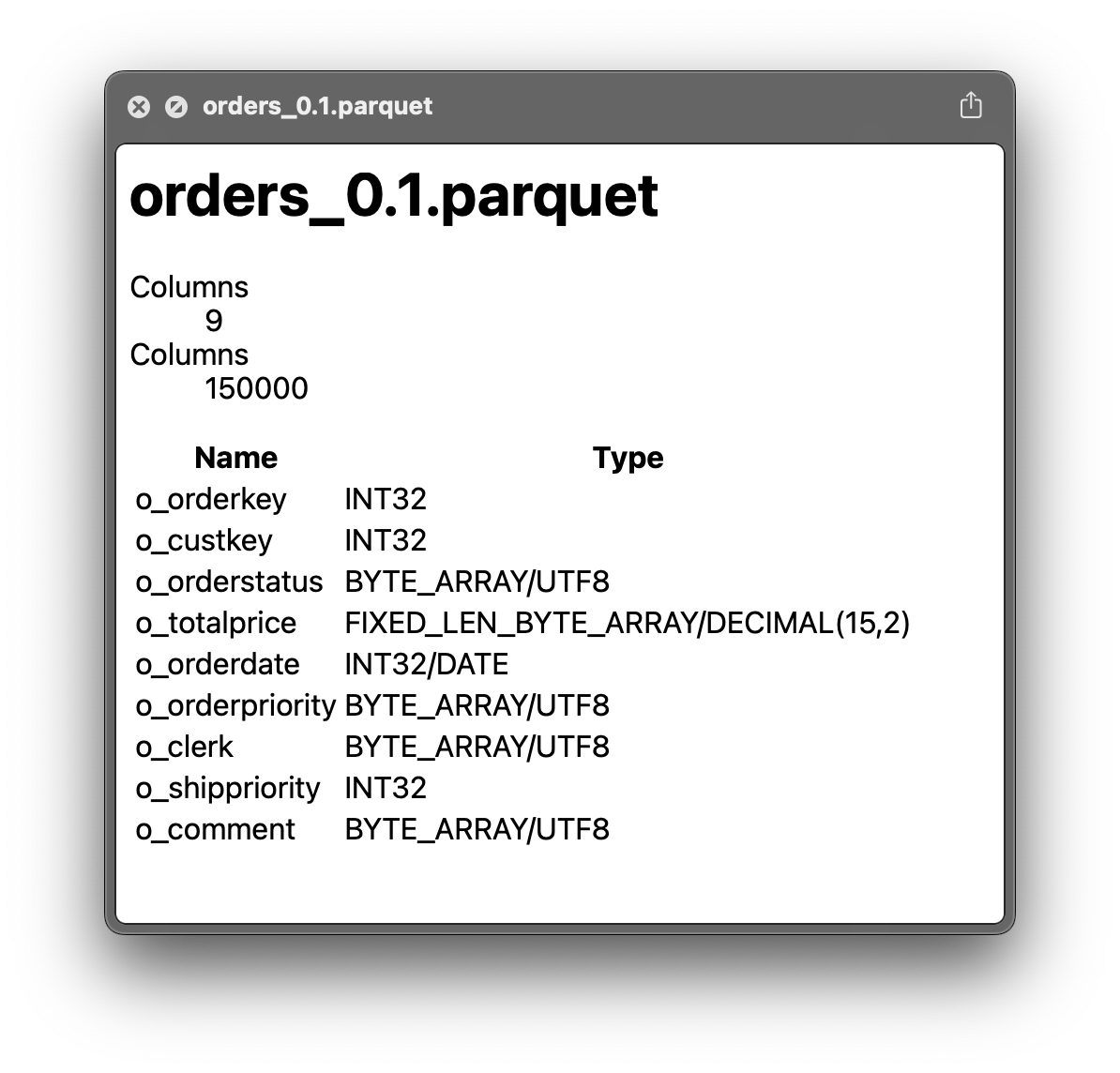 Screenshot of a QuickLook preview dialog showing a summary of a file named orders_0.1.parquet